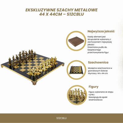 Xadrez metálico exclusivo com tabuleiro de latão 44 x 44 cm – Peças medievais com possibilidade de personalização por gravação