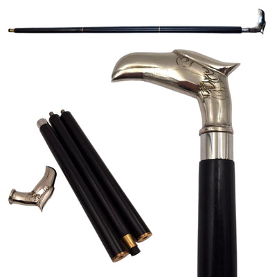 Bengala Dobrável de Madeira com Cabeça de Águia - Presente Elegante com Possibilidade de Personalização com Gravação, Comprimento 91,5 cm, Preta com Pegador Prateado de Latão