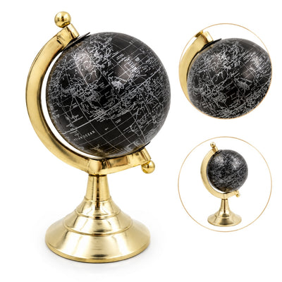 Globo decorativo Black & Gold com possibilidade de gravação personalizada – acessório elegante para presente, altura 20 cm, base de latão, mapa preto com inscrições prateadas