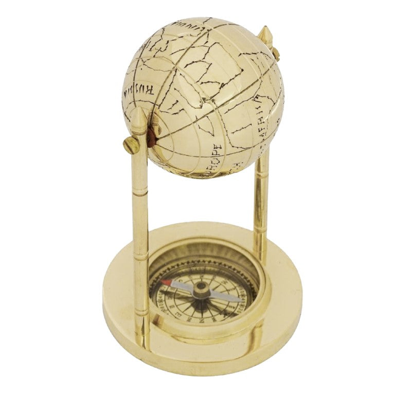 Globo Decorativo de Latão com Bússola e Possibilidade de Personalização por Gravação, Dourado, Altura 12,5 cm