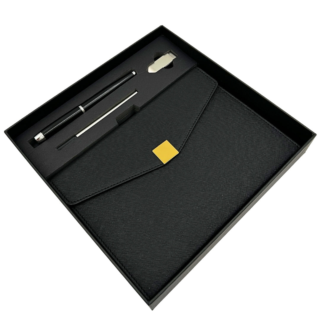 Conjunto de Presente Premium Elegante com Personalização – Caderno de Couro A5, Caneta e Pen Drive 16GB em Estojo Preto e Dourado