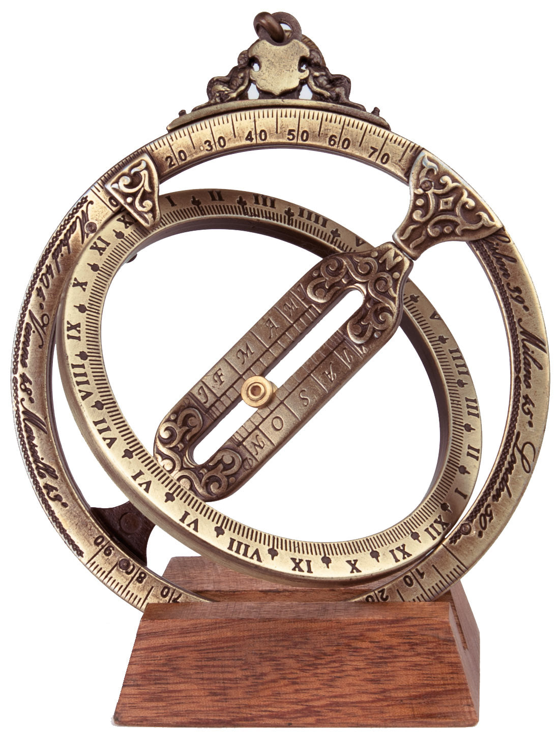 Relógio de sol H21 com anéis astronómicos, gravação personalizada, presente elegante para secretária, altura 12 cm, latão e zamak