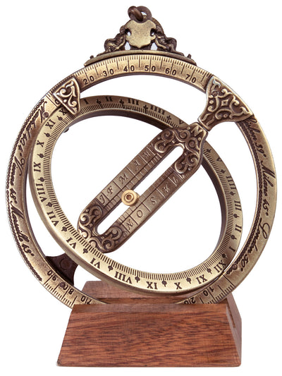 Relógio de sol H21 com anéis astronómicos, gravação personalizada, presente elegante para secretária, altura 12 cm, latão e zamak