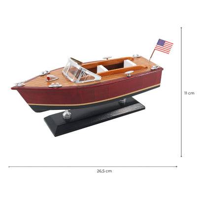 Modelo de Lancha de Madeira com Gravação – Barco Clássico de Motor 26 cm em Tons Profundos de Madeira