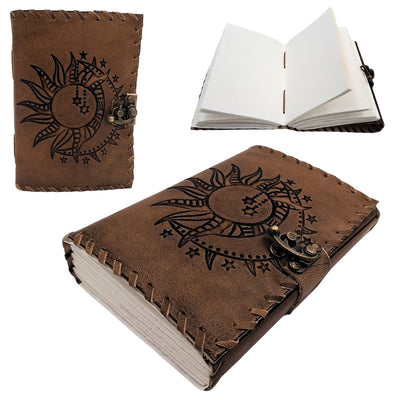 Caderno de pele retro Sol e Lua 200 páginas com possibilidade de personalização por gravação, bege e castanho, ideal para presente a artista ou amante da magia do quotidiano