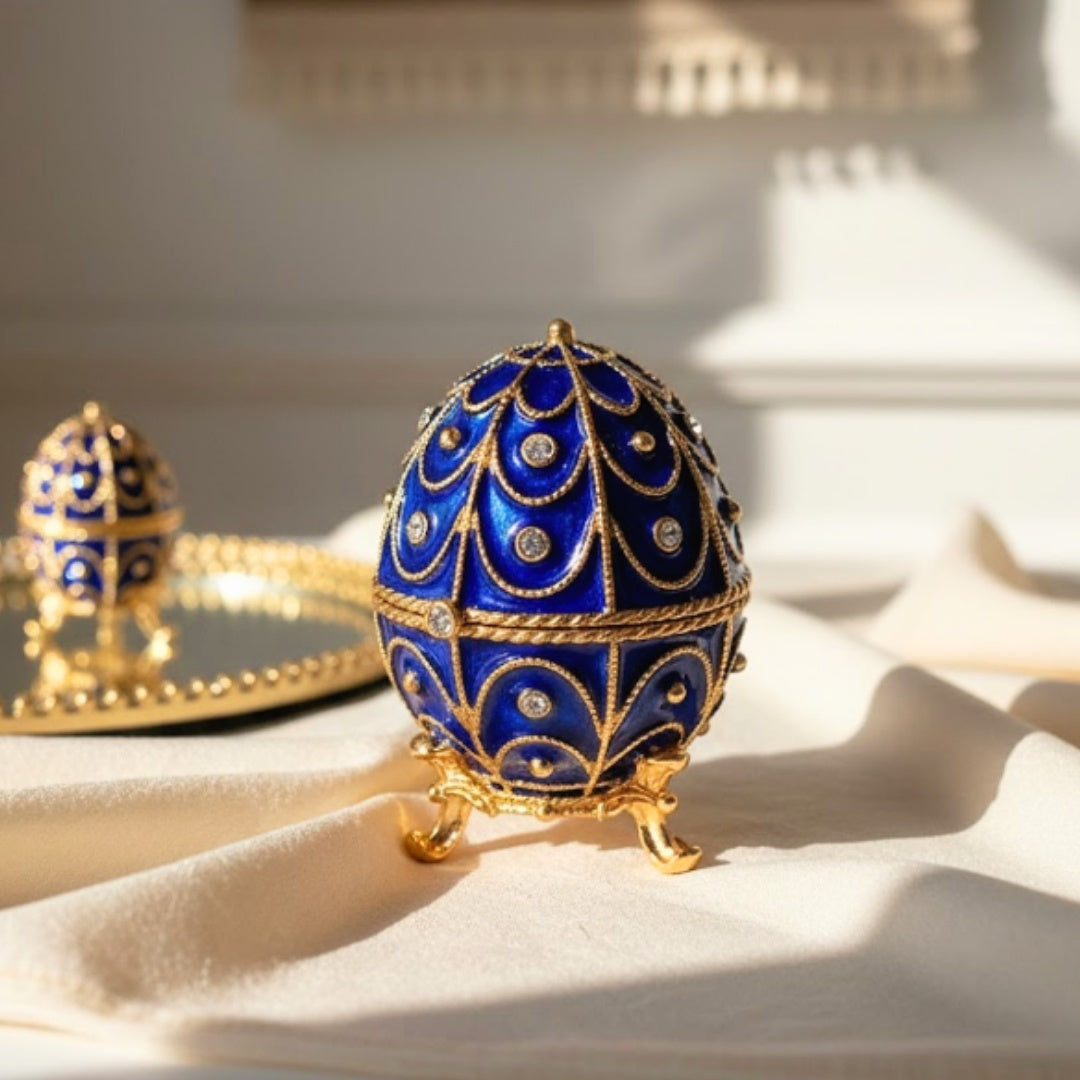 Caixa de metal exclusiva com cristais em forma de ovo Fabergé, azul-marinho e dourado, 5,5x6,5 cm com possibilidade de personalização por gravação