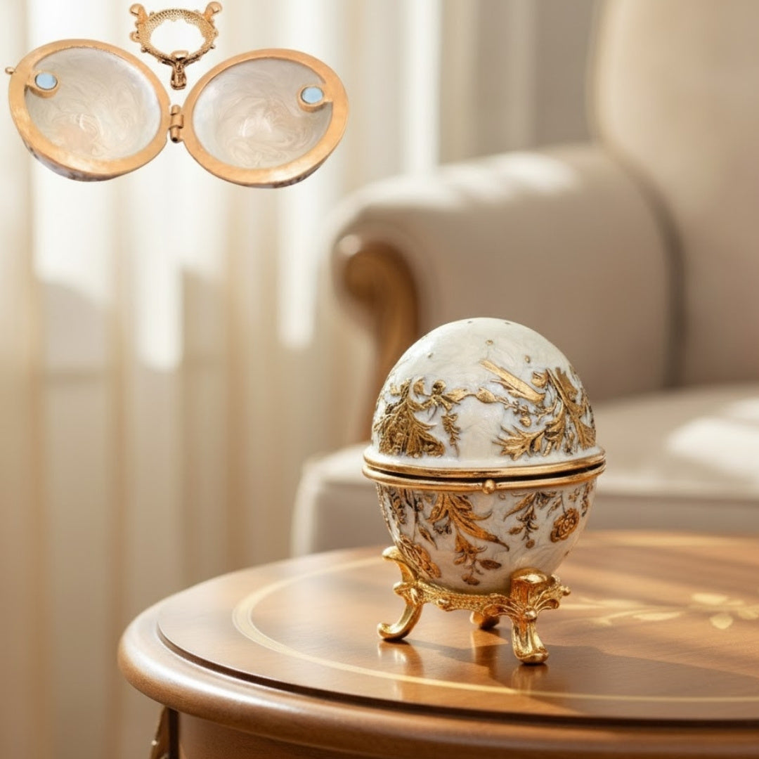 Caixa Exclusiva Ovo Fabergé Metálica com Cristais em Cor Branco-Dourado com Possibilidade de Personalização por Gravação
