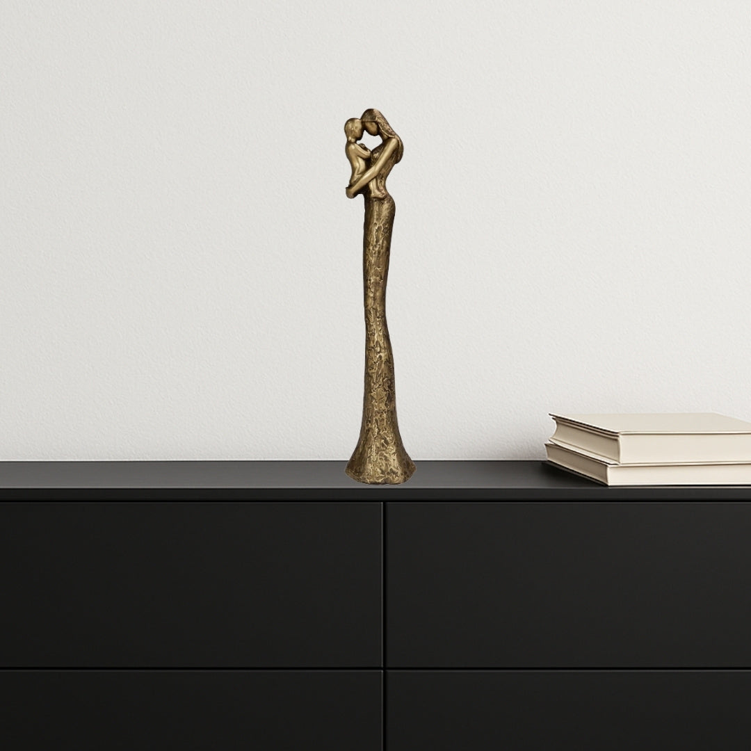 Estatueta moderna Mãe com Filho em dourado com gravação personalizada - Altura 27 cm - Presente ideal para o Dia da Mãe, aniversários ou inaugurações - Estilo Glamour com elementos em preto - poliéster