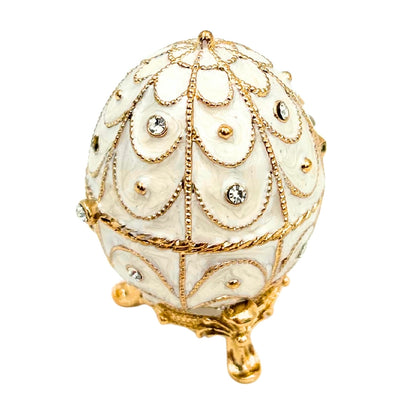Caixa Exclusiva Ovo Fabergé Metálica com Cristais em Cor Branco-Dourado com Possibilidade de Personalização por Gravação
