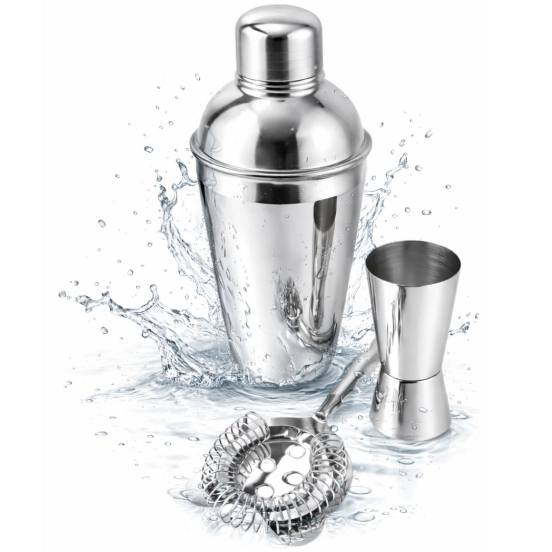 Conjunto de Bar Steel 3 peças com possibilidade de personalização por gravação - Shaker 750 ml, Jigger 15/30 ml, Coador - presente elegante para amantes de cocktails, aço inoxidável, cor prata