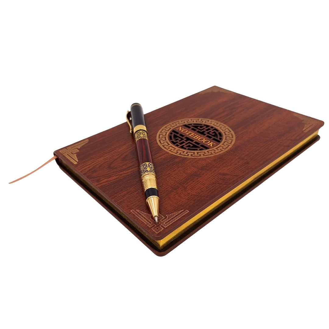Conjunto de Presente Premium Exclusivo Caderno A5 com Capa de Madeira e Caneta – Personalização por Gravação, Ideal para Presente para Chefe, Professor, Artista – Castanho Escuro com Elementos Dourados
