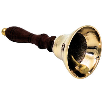 Campainha manual de latão com pega de madeira em estilo retro – gravação personalizada, ideal para presente – altura 16 cm, diâmetro 7,5 cm, dourado e castanho