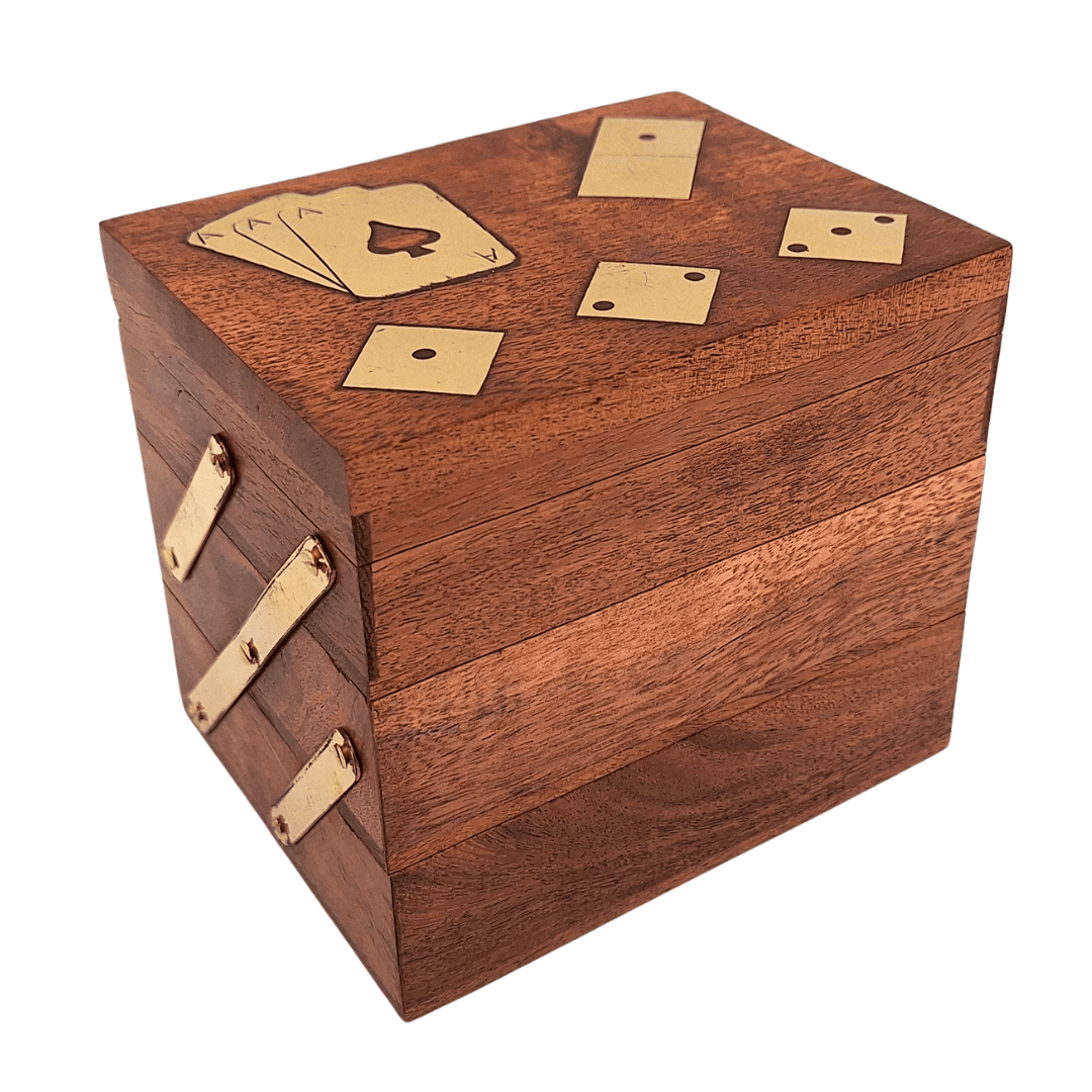 Conjunto Elegante de Jogos 3 em 1 com Gravação Personalizada - Cartas, Dados, Dominó em Caixa de Madeira com Decorações em Latão - Presente Ideal para Amantes de Jogos - Dimensões 12 x 9,5 x 10,5 cm
