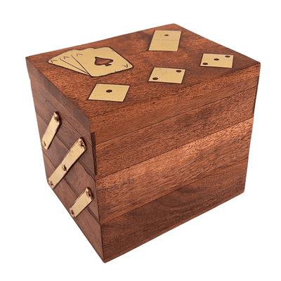 Conjunto Elegante de Jogos 3 em 1 com Gravação Personalizada - Cartas, Dados, Dominó em Caixa de Madeira com Decorações em Latão - Presente Ideal para Amantes de Jogos - Dimensões 12 x 9,5 x 10,5 cm