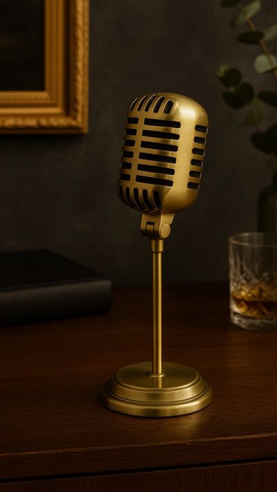 Estatueta microfone retro com possibilidade de personalização por gravação, dourada, 25 cm