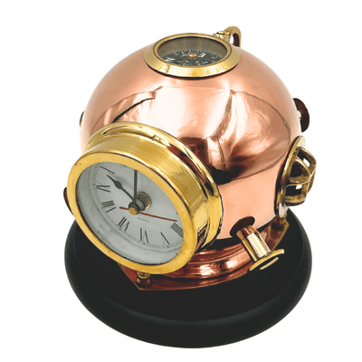 Relógio de Secretária Capacete de Mergulhador com Bússola - Latão em Base de Madeira com Possibilidade de Gravação Personalizada - Presente Ideal para Amantes do Mar e do Estilo Vintage - Altura 16 cm, Diâmetro do Relógio 8,5 cm