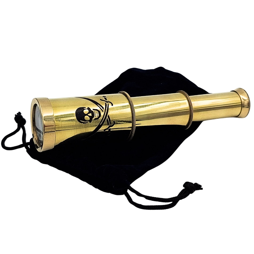 Luneta de Pirata com Emblema – Luneta Dobrável em Latão com Gravação – Presente Ideal para Jovem Explorador dos Mares – Altura 15 cm, Conjunto com Saquinho de Veludo
