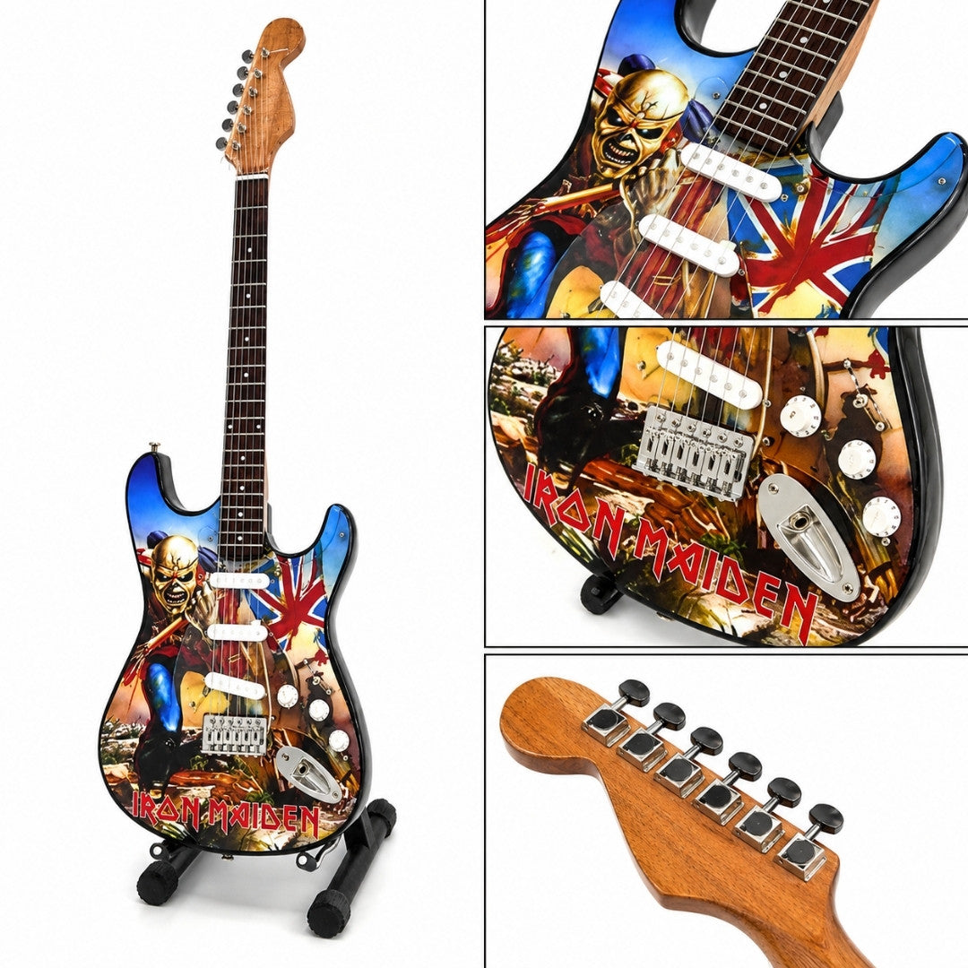 Mini guitarra decorativa Iron Maiden “The Trooper” em mogno - ornamento feito à mão para fãs de música