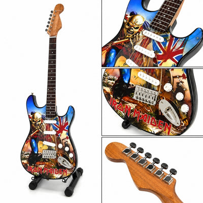 Mini guitarra decorativa Iron Maiden “The Trooper” em mogno - ornamento feito à mão para fãs de música