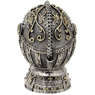 Mealheiro Decorativo em Forma de Elmo de Cavaleiro com Gravação - Prateado Envelhecido, 13 cm