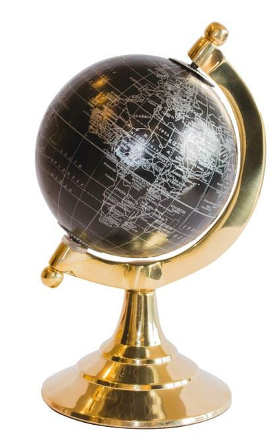 Globo decorativo Black & Gold com possibilidade de gravação personalizada – acessório elegante para presente, altura 20 cm, base de latão, mapa preto com inscrições prateadas