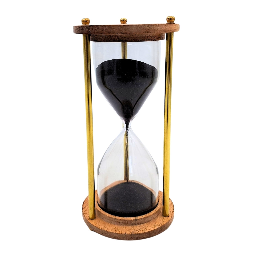 Ampulheta de Latão e Madeira de 5 minutos com Gravação Personalizada – Decoração Retro Elegante para Presente – Altura 15,5 cm, Areia Preta, Latão e Madeira