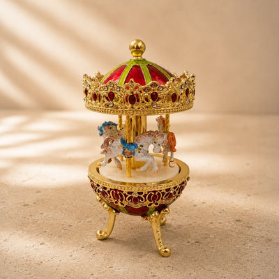 Caixa de Música Carrossel com Gravação - Decoração Elegante em Dourado e Vermelho, 14 cm