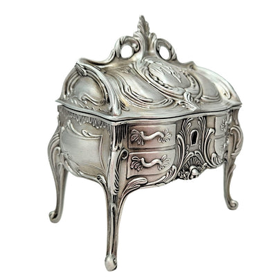 Caixa de Joias Metálica Prateada Retro 2056M com Possibilidade de Gravação - Presente Elegante para o Dia da Mãe ou Aniversário, Dimensões 9,7 x 10 x 6,7 cm, Estilo Rococó com Ornamentação Floral