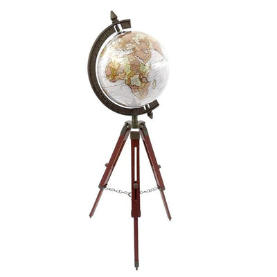 Globo Colonial Elegante em Tripé de Madeira NC2140 com Altura Regulável até 78 cm, Mapa Laminado em Tons de Branco e Castanho, Ideal para Presente com Possibilidade de Personalização com Gravação