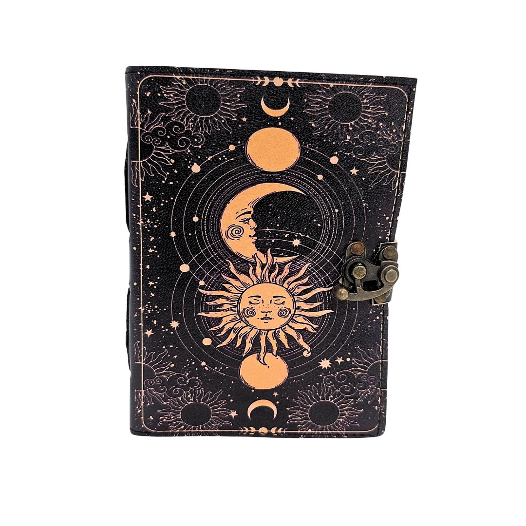 Caderno de pele Sol e Lua decorativo 200 páginas com possibilidade de personalização por gravação, azul-marinho, feito em pele de cabra, ideal para presente