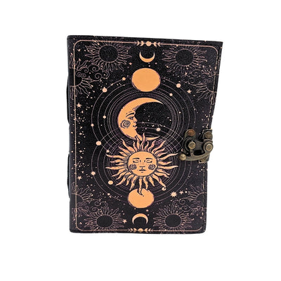 Caderno de pele Sol e Lua decorativo 200 páginas com possibilidade de personalização por gravação, azul-marinho, feito em pele de cabra, ideal para presente