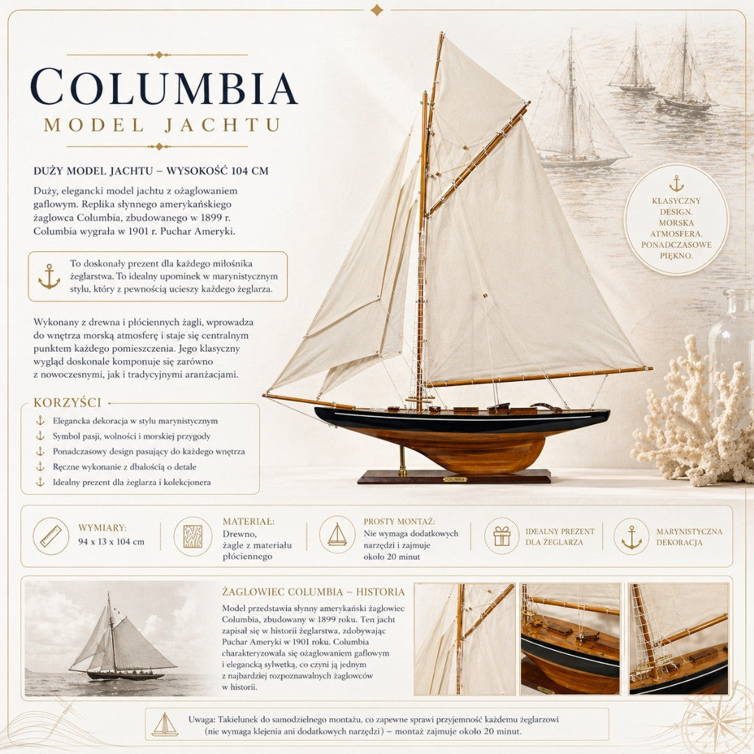 Modelo de iate Columbia com vela gafada, altura 104 cm, em madeira, com possibilidade de personalização por gravação