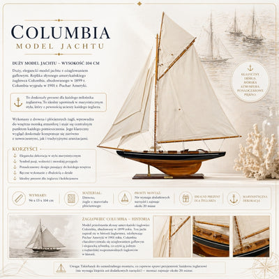 Modelo de iate Columbia com vela gafada, altura 104 cm, em madeira, com possibilidade de personalização por gravação