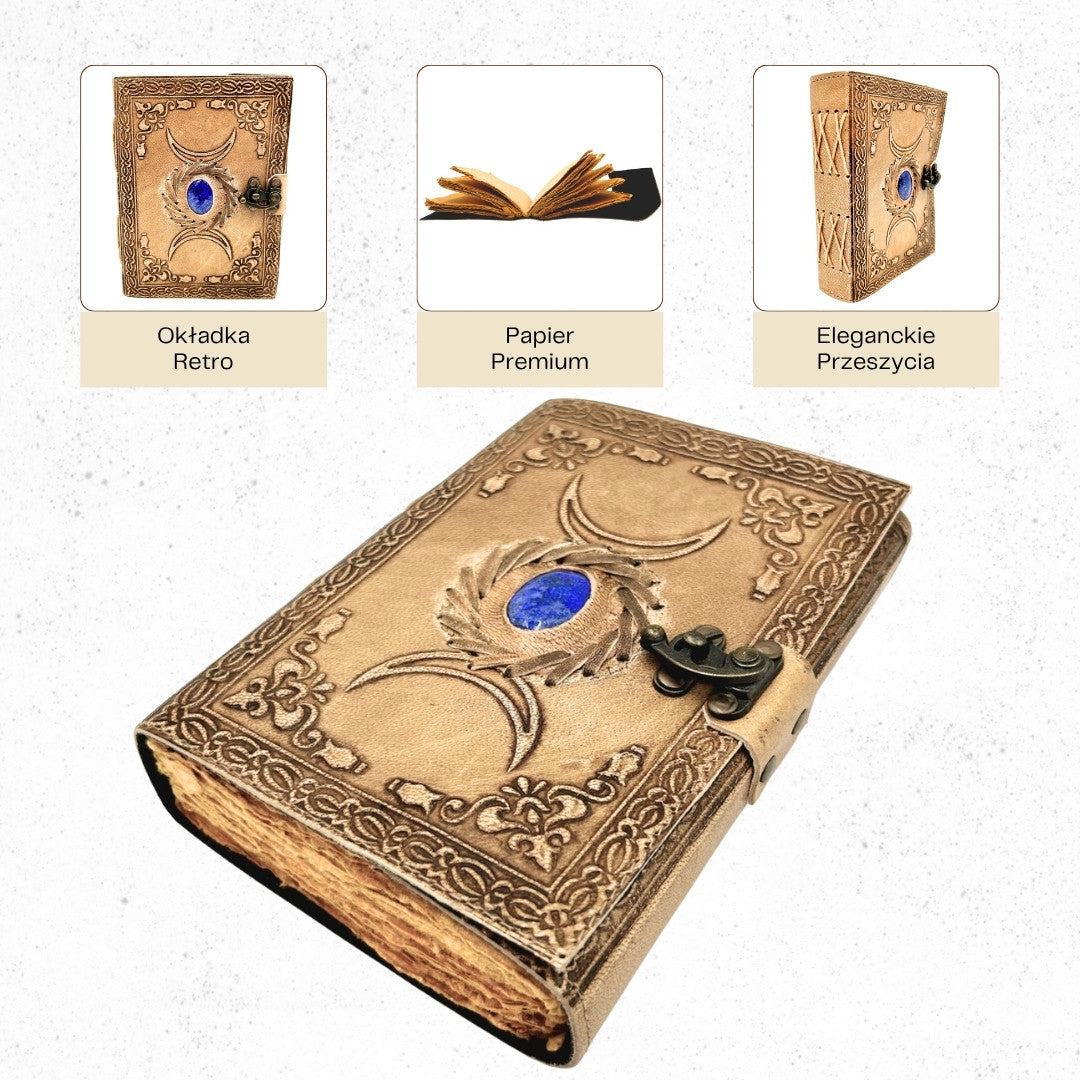 Caderno de Couro Retro com Pedra e Fases da Lua