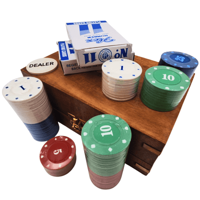 Conjunto Elegante de Poker em Caixa de Madeira com Gravação