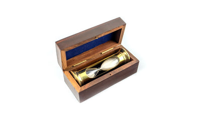 Ampulheta de areia REDONDA STP99 em caixa de madeira com possibilidade de personalização por gravação, latão, dourada, 3 minutos, presente ideal para amantes de RPG e recordistas do Guinness