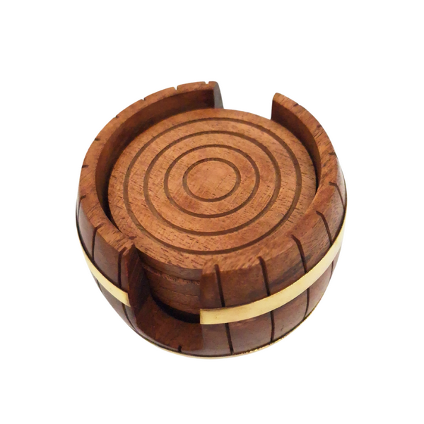 Bases de copos de madeira com gravação - Conjunto Barril com 6 bases e recipiente com adornos em latão