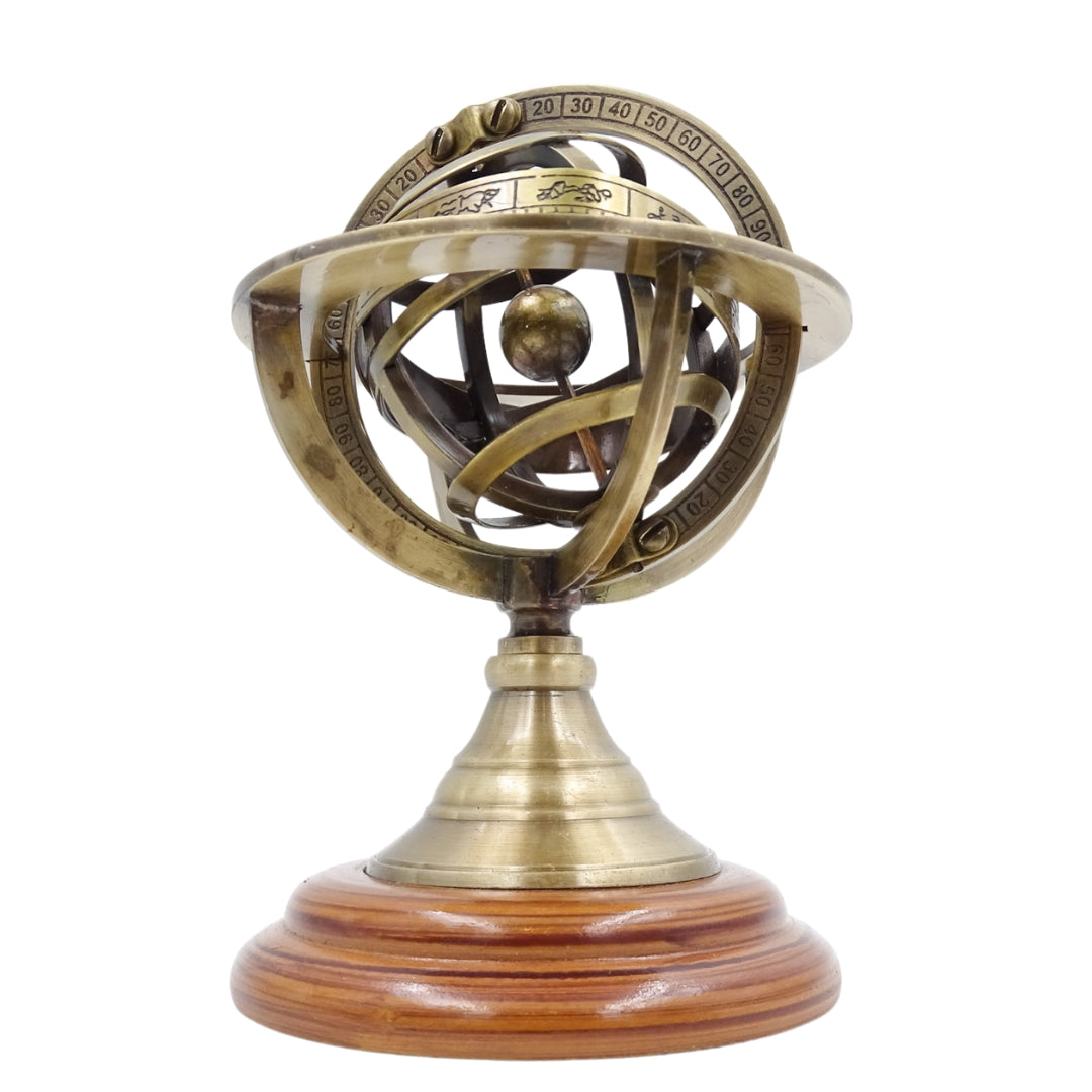 Astrolábio de Latão 14 cm com Gravação - Presente Único para Amantes da Astronomia, Decoração Elegante de Latão e Madeira em Cor Dourada