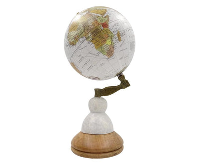 Globo Decorativo Voyager em Base de Mármore e Madeira com Opção de Personalização por Gravação – Presente Elegante para Amantes de Viagens, Altura 32 cm, Diâmetro 15,5 cm, Mapa Branco com Continentes Coloridos