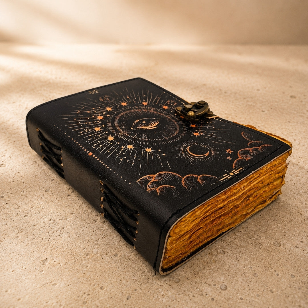 Caderno Olho Cósmico com Gravação - Caderno de Couro Retro com 200 Páginas de Papel Amarelo de Couro de Cabra