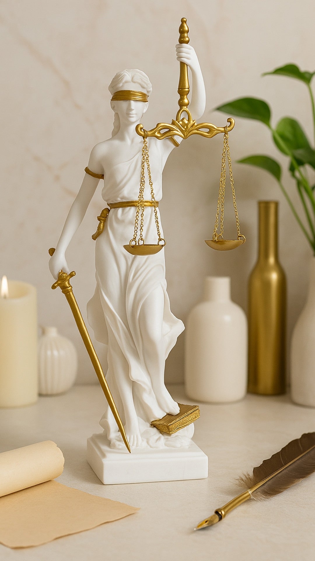 Estatueta da Têmis com possibilidade de personalização por gravação - presente elegante para advogado, juiz ou estudante de direito, branca com detalhes dourados, altura 35 cm, pintada à mão em polyresina