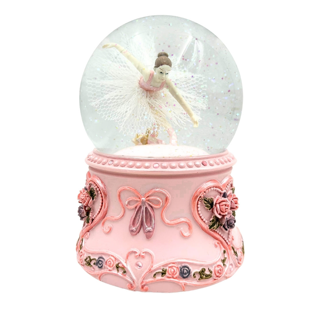 Bailarina Dançante em Bola de Vidro 15cm com Gravação Personalizada - Caixa de Música Elegante com Base Pastel e Melodia Lago dos Cisnes