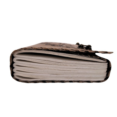 Caderno de pele retro Sol e Lua 200 páginas com possibilidade de personalização por gravação, bege e castanho, ideal para presente a artista ou amante da magia do quotidiano