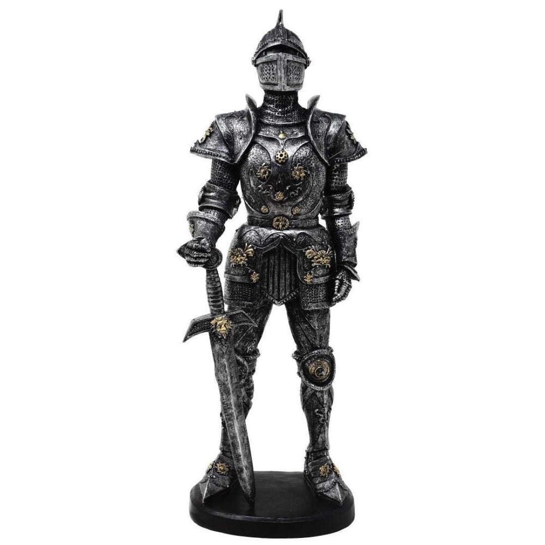 Figura Decorativa Cavaleiro em Armadura 39 cm Prateada com Possibilidade de Gravação Personalizada