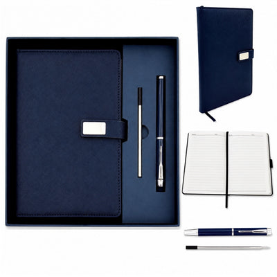 Caderno de Pele Azul Escuro Elegante A5 com Caneta e Gravação Personalizada em Caixa de Presente
