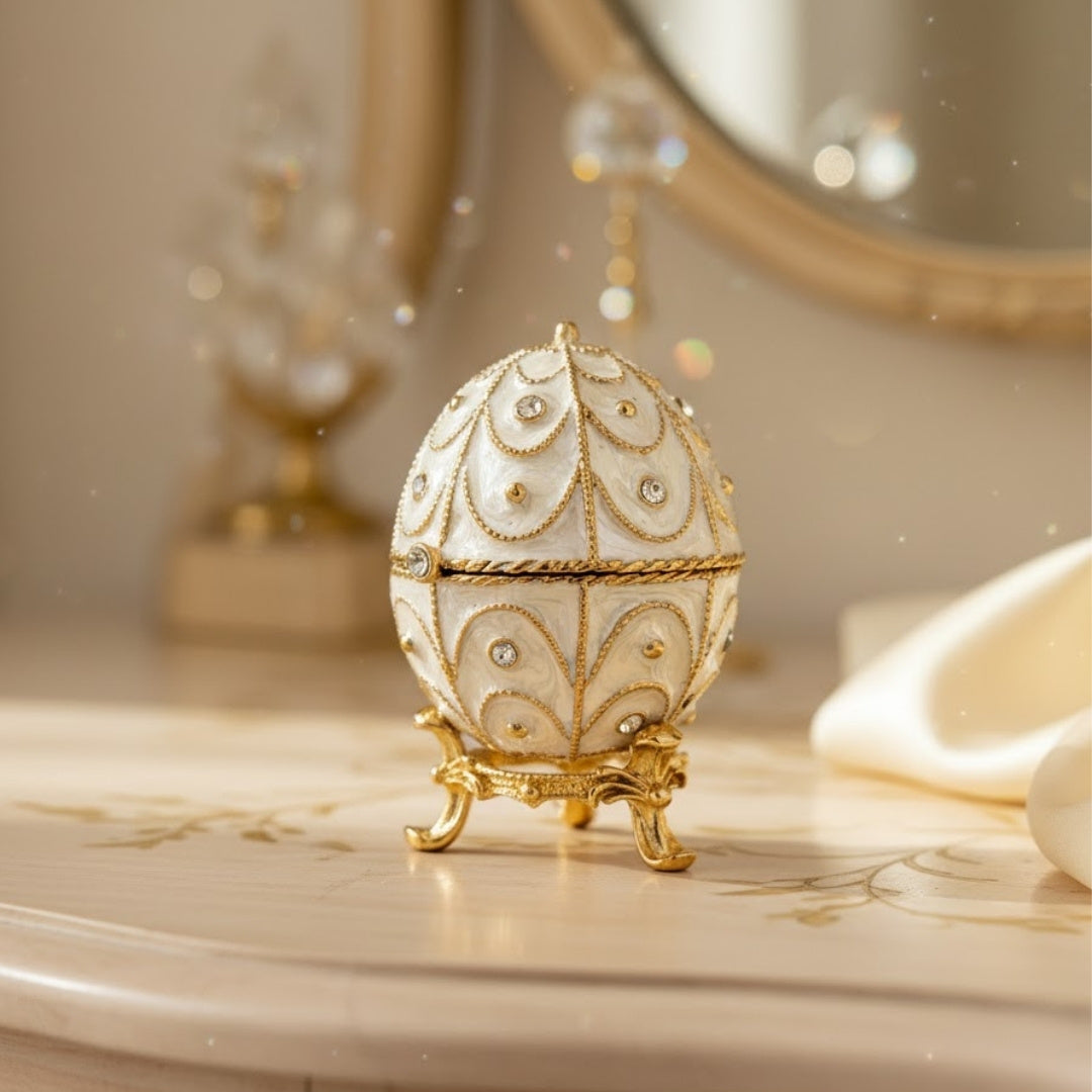Caixa Exclusiva Ovo Fabergé Metálica com Cristais em Cor Branco-Dourado com Possibilidade de Personalização por Gravação