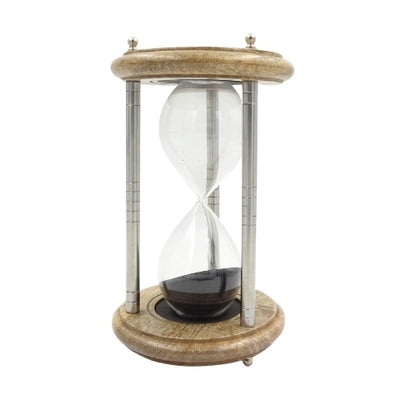 Ampulheta de Latão e Madeira 10 min com Gravação - Presente Elegante na Cor Preta, Altura 25 cm, Feita de Metal, Vidro e Madeira de Manga