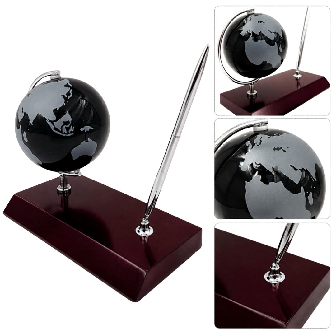 Conjunto Decorativo Elegante para Secretária com Gravação Personalizada - Globo Suporte para Canetas em Metal Cromado e Madeira Escura