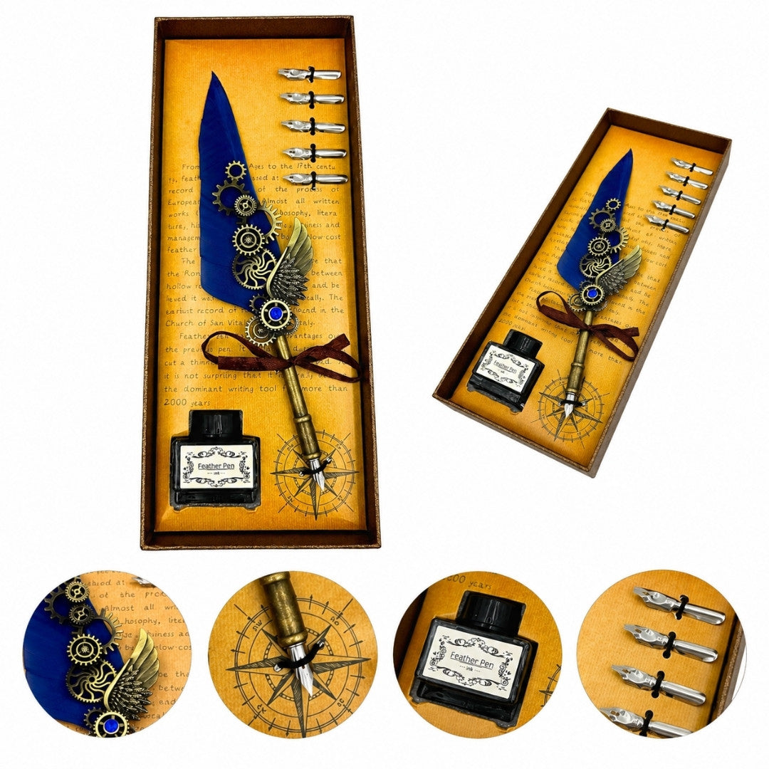 Conjunto de Caligrafia Retro com Caneta de Pena Azul, 6 Penas, Tinta, Personalização com Gravação, Presente Elegante em Estilo Vintage