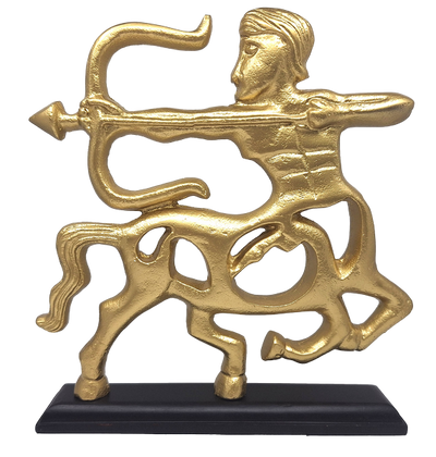 Estatueta decorativa dourada de Sagitário com base de madeira e opção de personalização por gravação